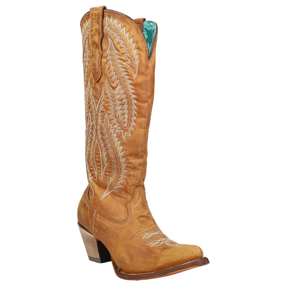 Women's Corral Boots with Golden Embroidery - Stylish Western Cowgirl Boots for Rodeo, Country Dancing & Fashion Outfits