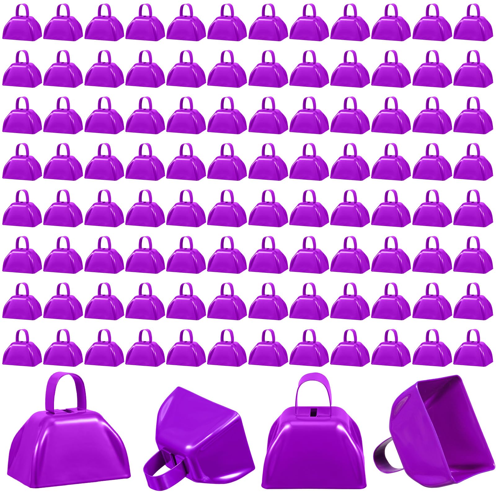 100-Piece Metal Cowbell with Handle - Loud Noise Makers for Sporting Events, Football Games & Weddings - 3 x 2.8 x 2.5 Inch Small Cow Bells (Purple) - Perfect for Cheering, Team Spirit & Celebration Events