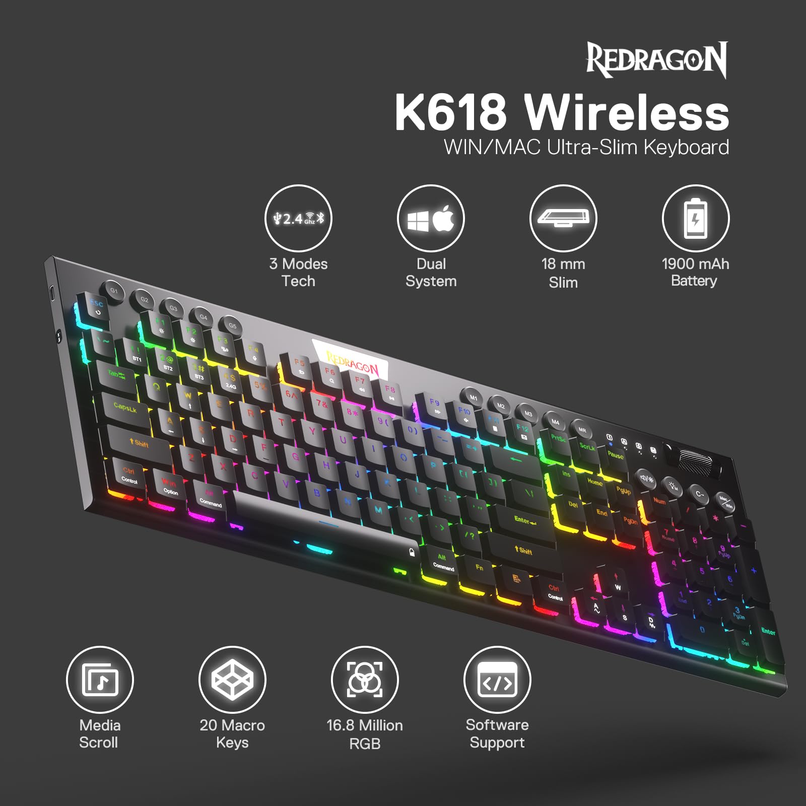 Redragon K618 Horus Wireless RGB Mechanical Gaming Keyboard - Bluetooth/2.4Ghz/USB-C Tri-Mode, Ultra-Thin Low Profile Design, Brown Switches, Dedicated Media Controls | Perfect for PC Gaming, Office Work & Typing