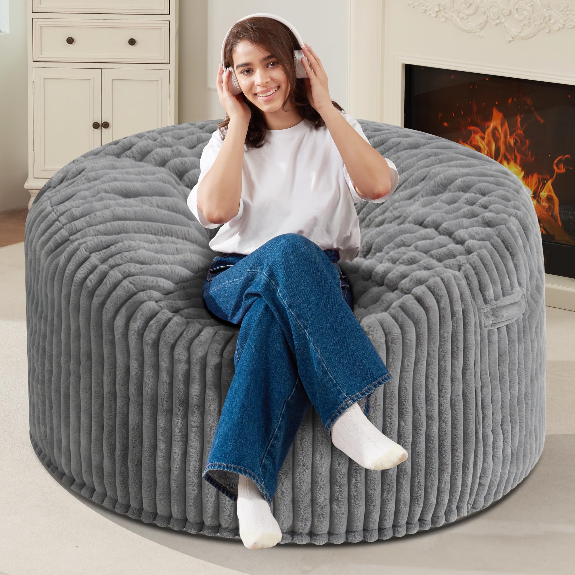 Homguava 4 FT Memory Foam Bean Bag Chair - Extra Large Soft Plush Sofa with Dutch Corded Cover in Grey - Perfect for Living Room, Bedroom, Dorm & Game Room Relaxation