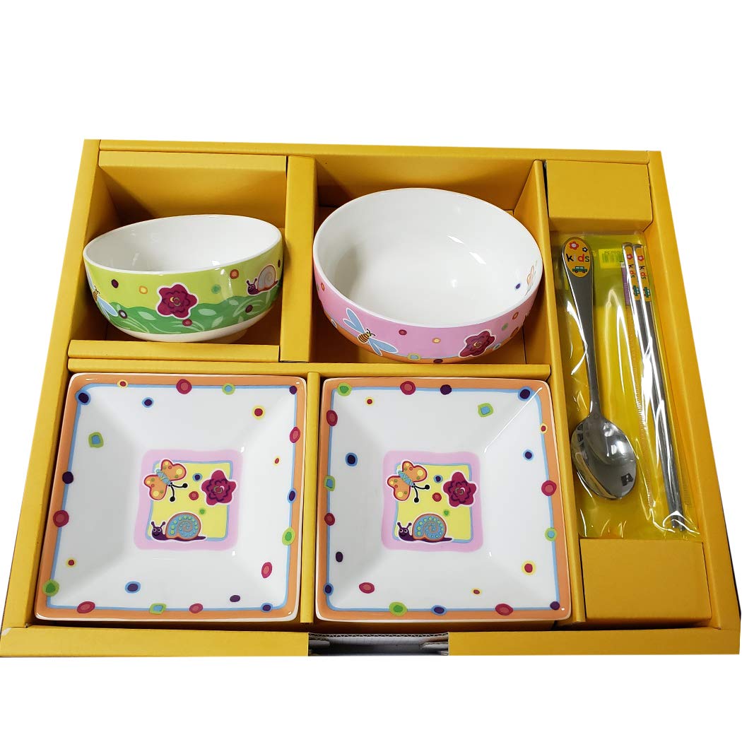 Hankook Korean Fine Bone China Kids Dinnerware Set - 6-Piece Picnic Tableware for Boys and Girls, Bowls & Dojagi | Perfect for Family Outings, Birthday Parties & Daily Meals