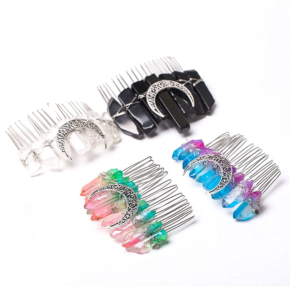 Natural Crystal Hair Comb for Women - Aura Amethyst & Blue Bridal Wedding Headpiece, Hairpin & Hair Clip for Side Styling | Perfect for Weddings, Prom & Special Occasions