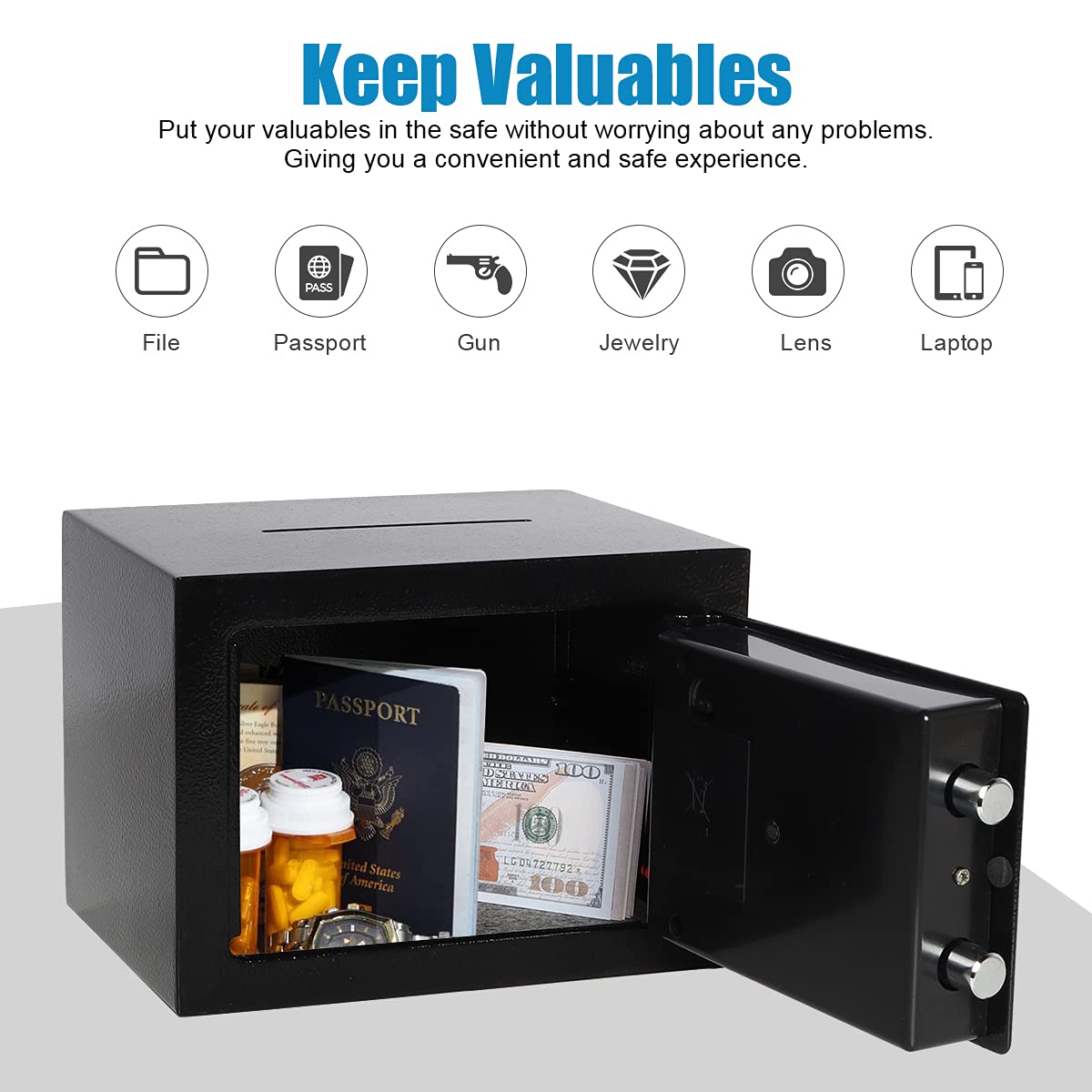 Digital Security Safe Box for Home & Office - 0.17 Cubic Ft Electronic Keypad Safe to Protect Money, Jewelry, Passports & Valuables - Compact Black Safe for Bedroom, Closet or Travel Use