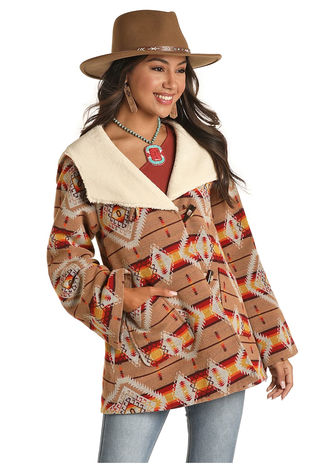 Powder River Outfitters Women's Aztec Jacquard Wool Cape Coat - Tan Winter Warm Fashion Outerwear for Casual Outings & Holiday Events