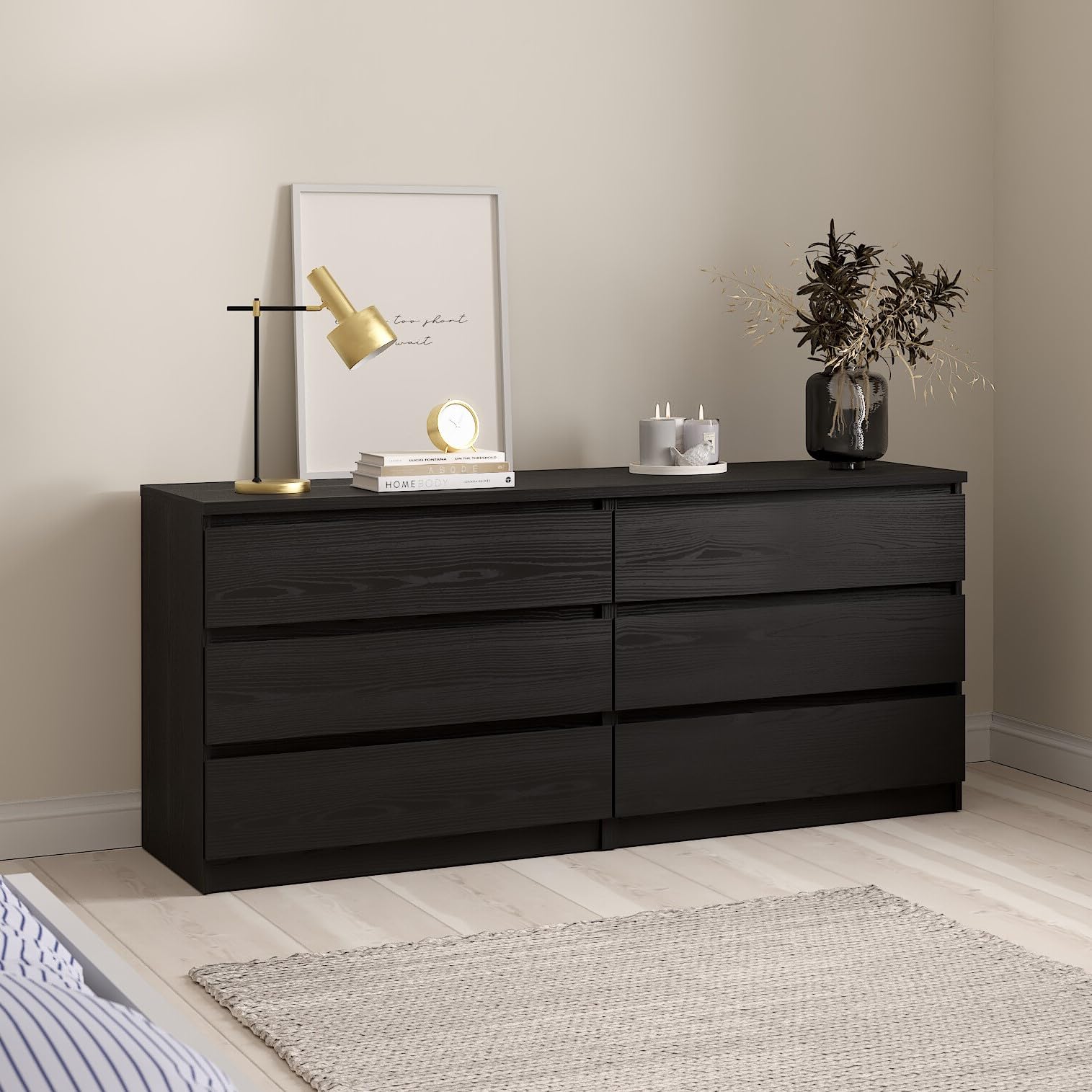 Tvilum 6-Drawer Double Dresser in Black Woodgrain - Modern Bedroom Storage Solution for Clothes & Accessories