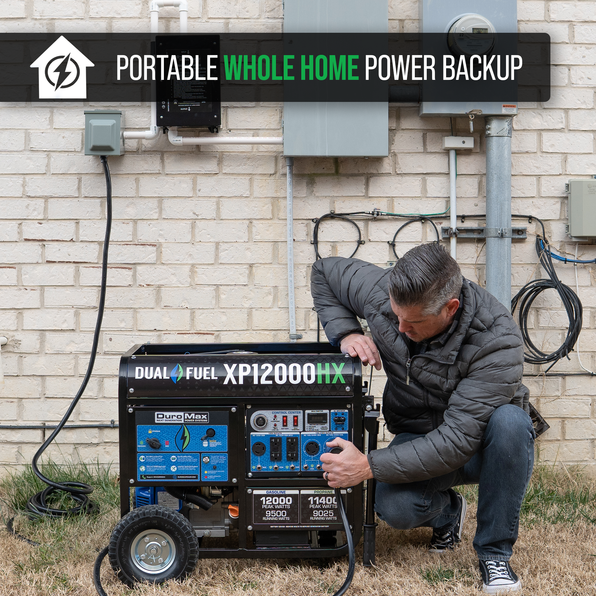 12,000 Watt Dual Fuel Portable HX Generator with CO Alert - Reliable Backup Power for Home, Camping & Emergency Use
