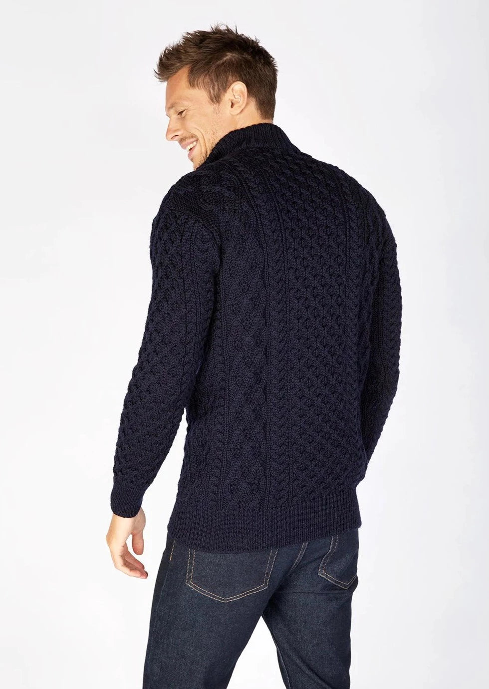 Ireland's Eye Men's Dromore Aran Sweater - 100% Wool Cable Knit Irish Sweater for Men | Warm Winter Pullover for Casual Wear & Outdoor Activities (Navy Blue)