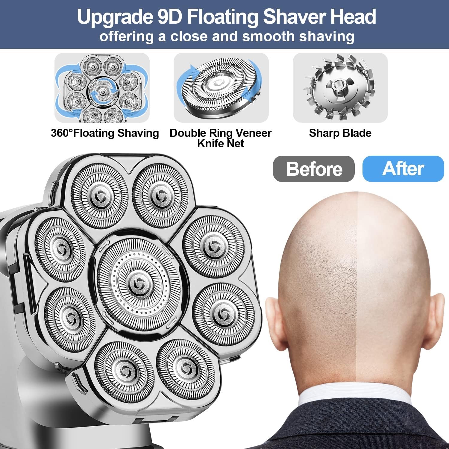 9D Cordless Rechargeable Head Shaver for Bald Men - IPX7 Waterproof LED Head Razor for Smooth Shaving | Perfect for Travel, Gym & Daily Grooming