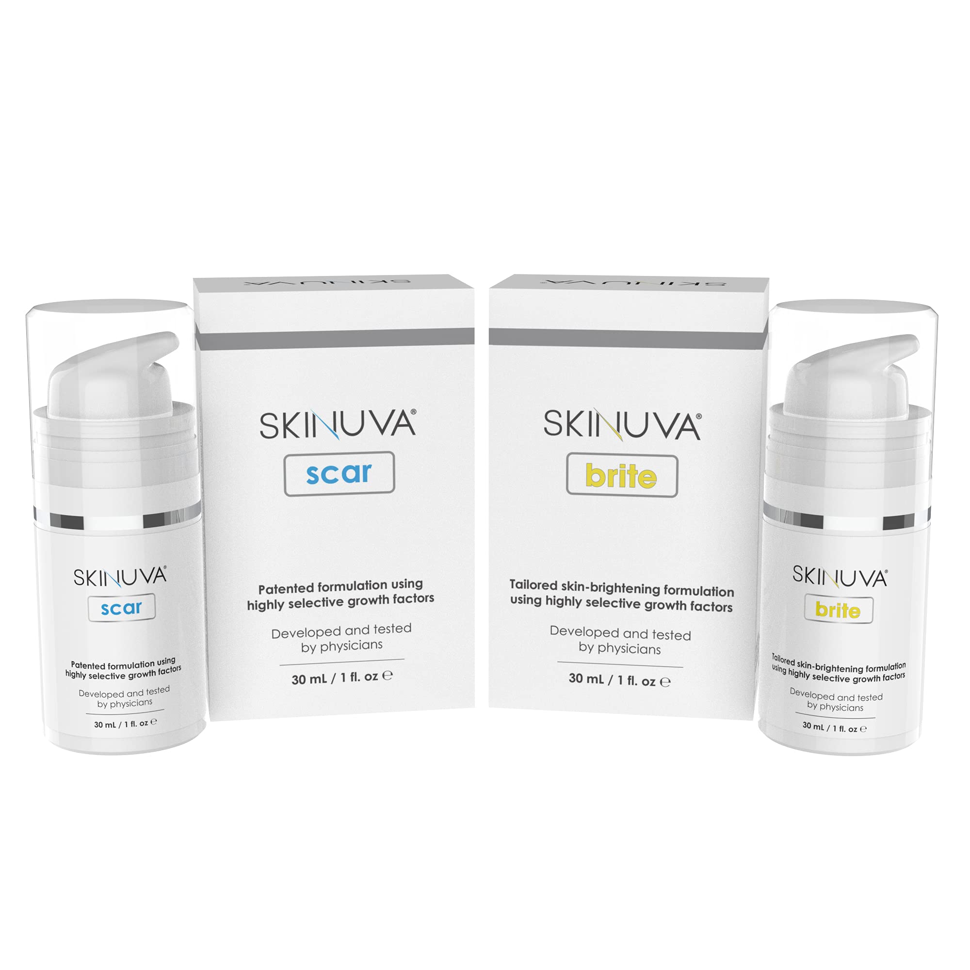 Skinuva® Next Generation Scar Cream & Brite Dark Spot Treatment Set (1 oz Each) | Advanced Scar Removal & Skin Brightening Formula with Growth Factors | Perfect for Post-Surgery, Acne Scars & Hyperpigmentation