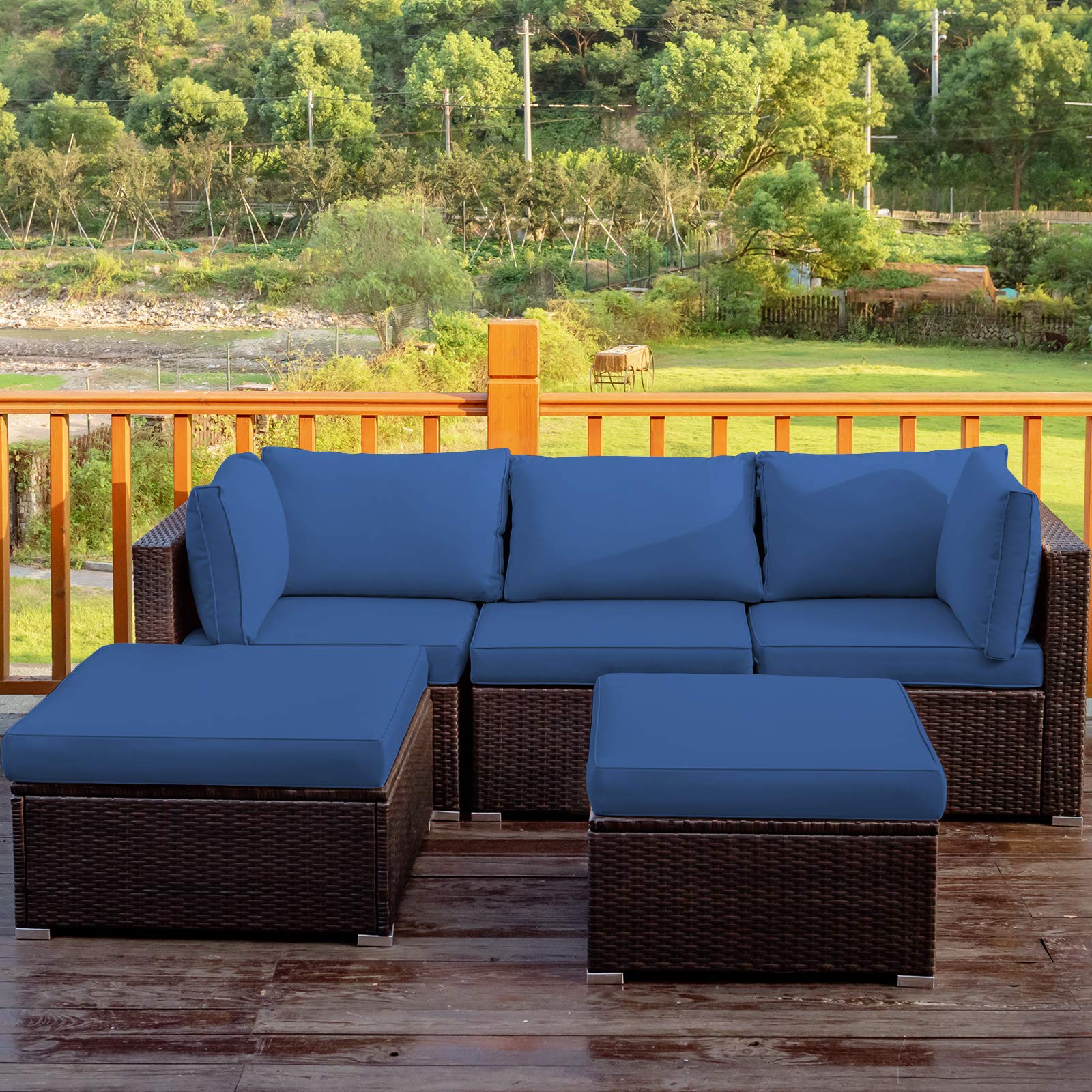Tangkula 5-Piece Outdoor Patio Furniture Set - Wicker Rattan Sectional Sofa with Cushions & Coffee Table - Navy Blue Conversation Set for Backyard, Porch, Garden, Poolside & Deck - Perfect for Relaxing & Entertaining Outdoors