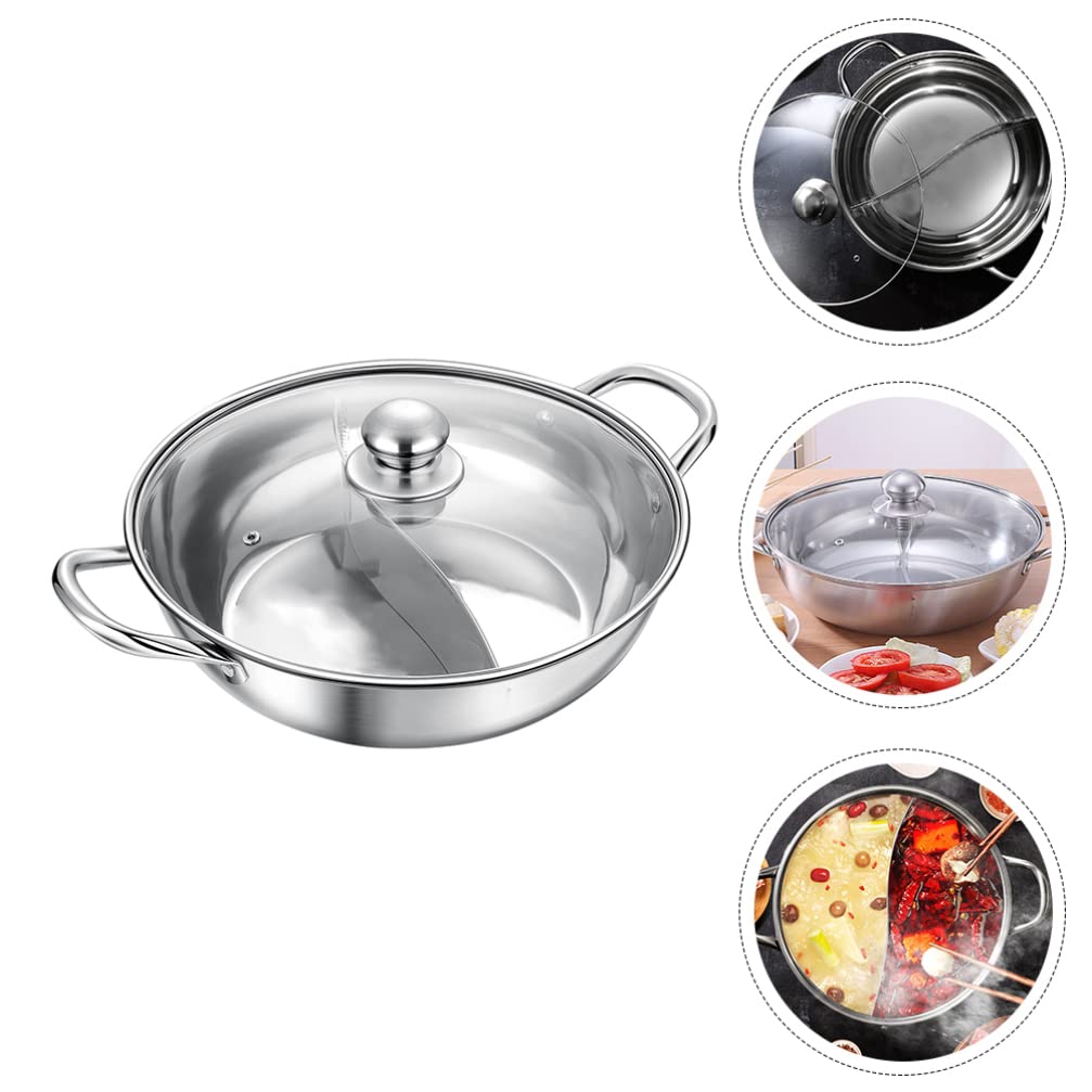 Stainless Steel Dual Flavor Hot Pot with Glass Lid - 2-in-1 Mandarin Duck Hot Pot for Soup, Shabu Shabu & Fondue - Kitchen Cookware with Handles for Home Dining & Party Serving