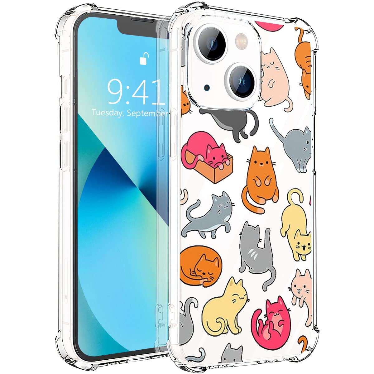 MAYCARI Cute Colorful Cat iPhone 13 Pro Case - Clear TPU Soft Flexible Slim Protective Cover with Animal Pattern Design | Anti-Scratch & Shock Absorbing | Perfect for Daily Use, Work, and Travel