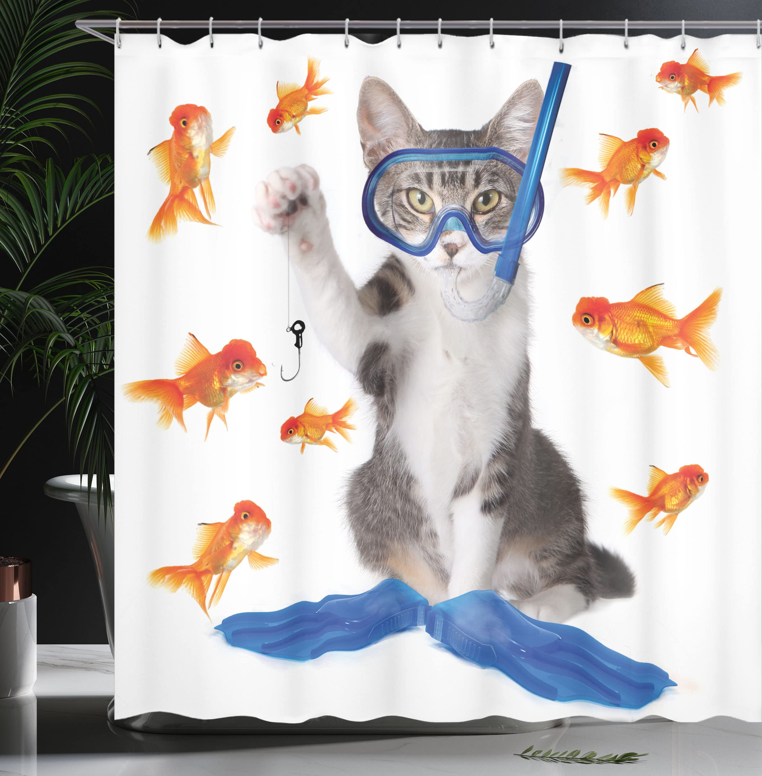 Ambesonne Humorous Cat Shower Curtain - Modern Fishing Curiosity & Goldfish Hunting Design, Blue & Orange Fabric Bathroom Decor Set with Hooks, 69