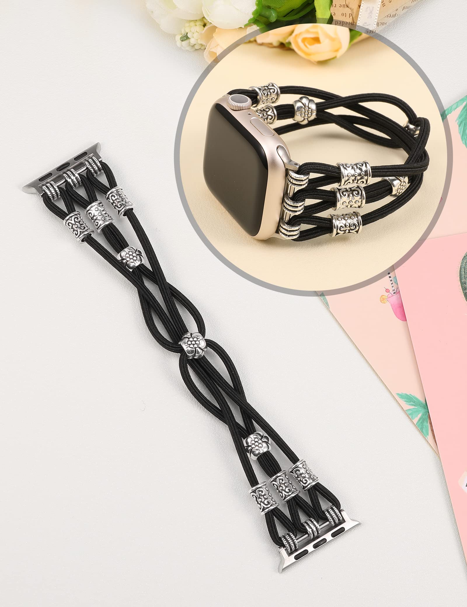 Boho Beaded Apple Watch Band 38/40/41/42mm - Stretchy Braided Nylon Solo Loop Wristband for Women - Compatible with iWatch Series 10/9/8/7/SE/6/5/4/3/2/1 - Black XS - Perfect for Yoga, Workouts & Boho Fashion Accessories