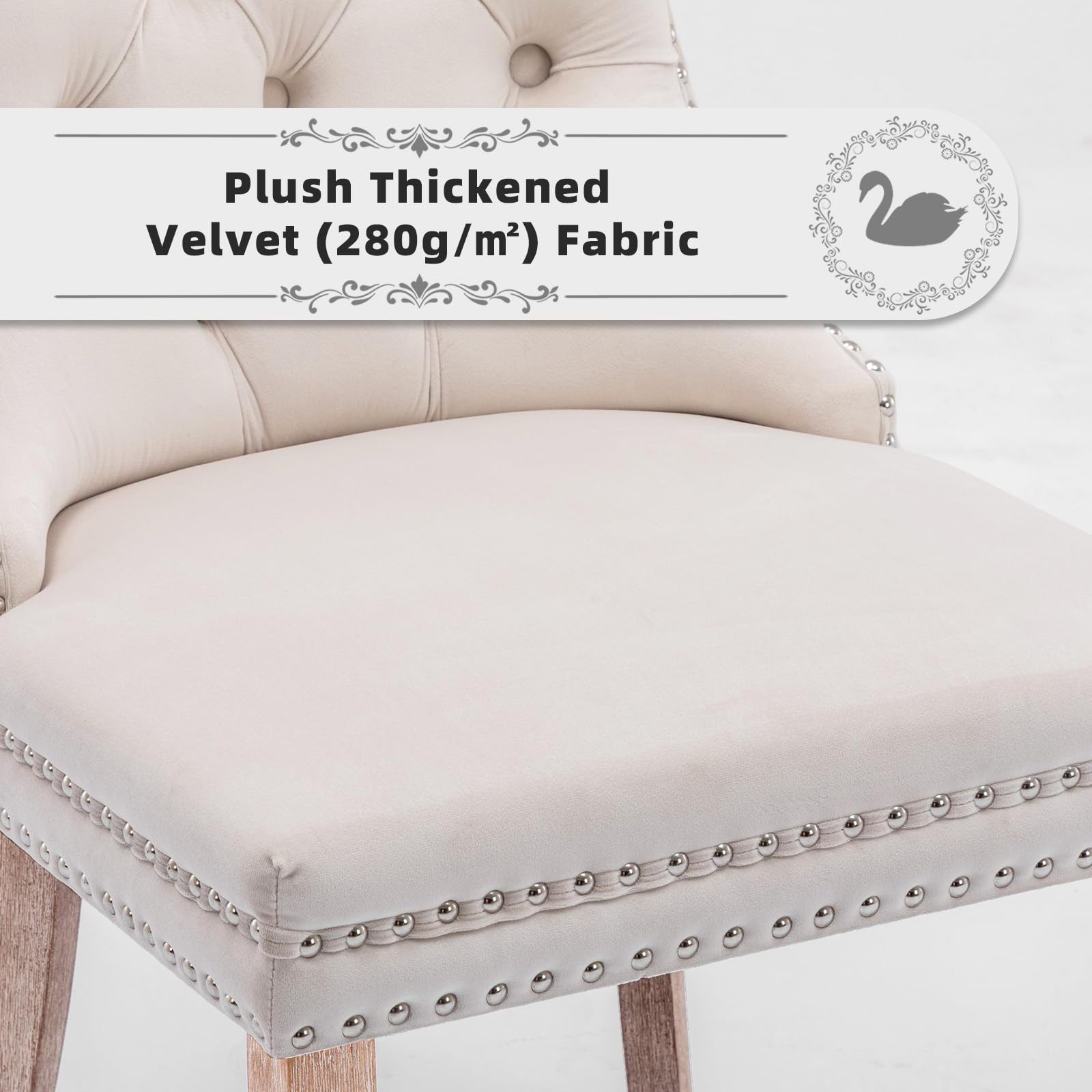 Velvet Upholstered Dining Chairs Set of 4 - Modern Kitchen Side Chairs with Nailhead Trim & Solid Wood Legs - Metal Pulling Ring Accent - Beige Upholstery for Dining Room, Living Room, Kitchen Island & Breakfast Nook - Comfortable Seating for Home Decor (Set of 4)