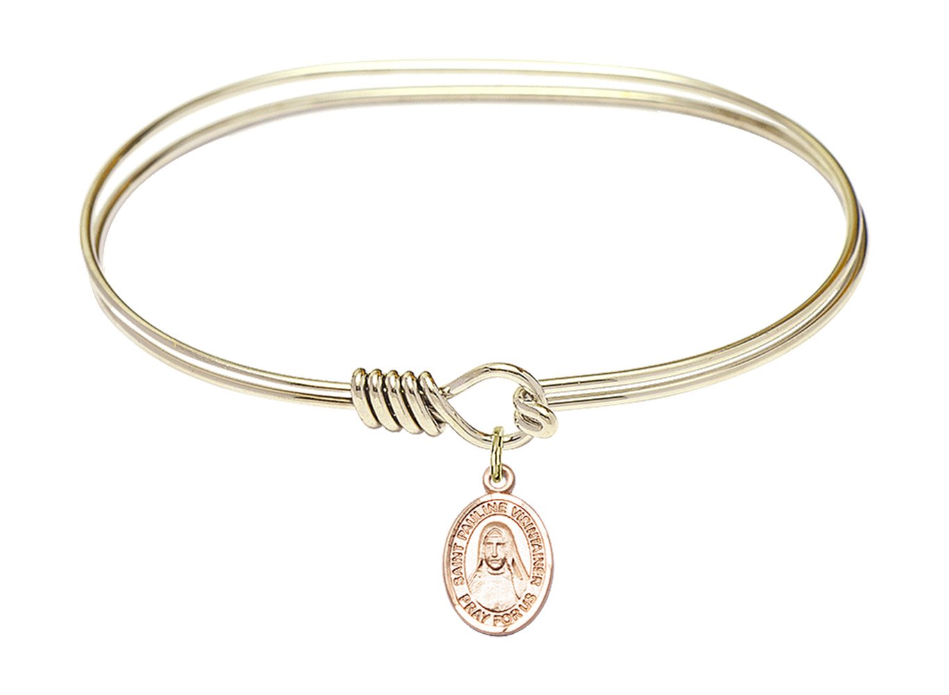 F A Dumont 7 Inch Oval Eye Hook Bangle Bracelet with St. Pauline Visintainer Charm - Elegant Religious Jewelry for Women, Perfect for Church, Weddings & Everyday Wear