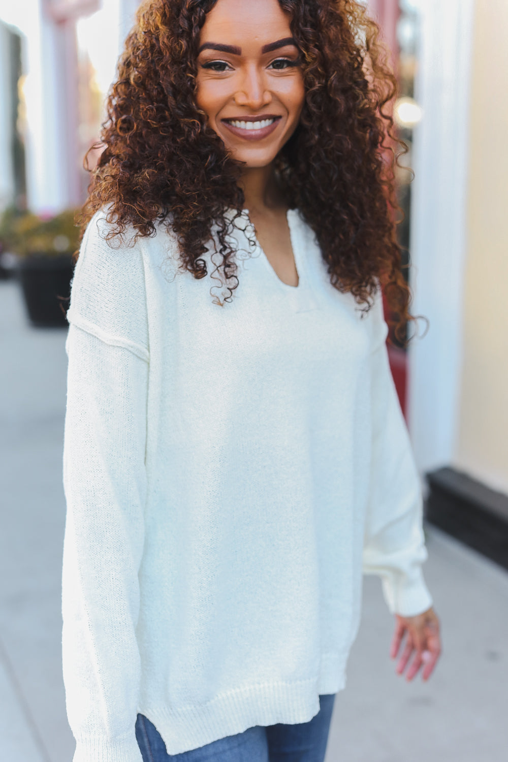 Ivory Oversized Notched Neck Patch Sweater - Cozy & Stylish Knit Pullover for Women | Perfect for Fall, Winter & Casual Outings