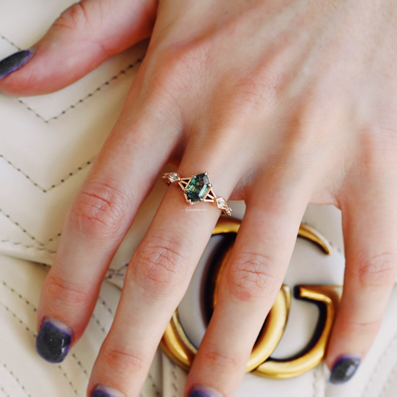 Celtic Hexagon Green Moss Agate Ring - 14K Rose Gold Vermeil Jewelry for Women | Nature-Inspired Wedding, Engagement & Everyday Fashion Accessory