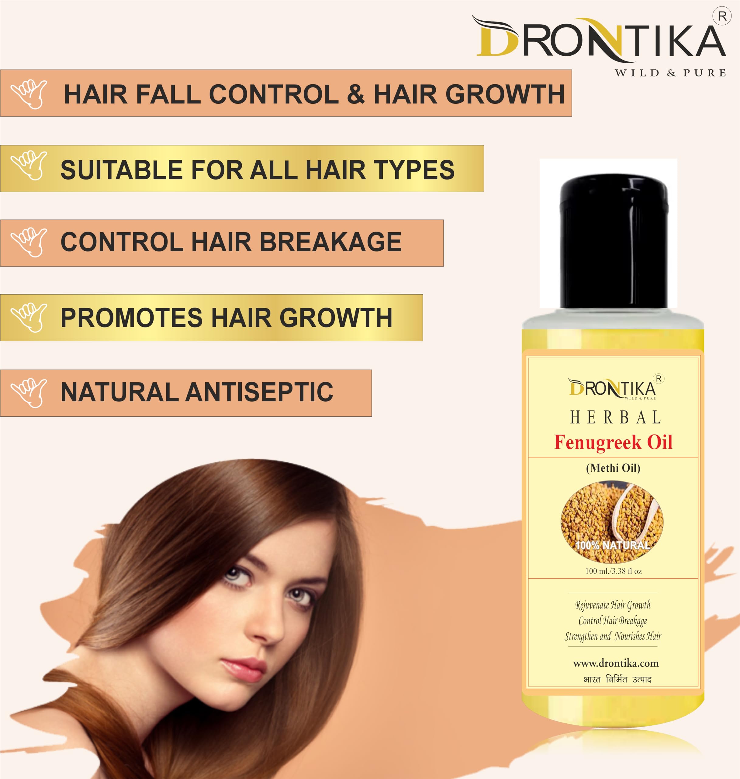 Drontika Herbal Natural Fenugreek Hair Oil for Stress Relief & Anti-Dandruff Treatment - 200ml | Promotes Hair Growth & Scalp Health | Perfect for Daily Hair Care & Relaxation Therapy