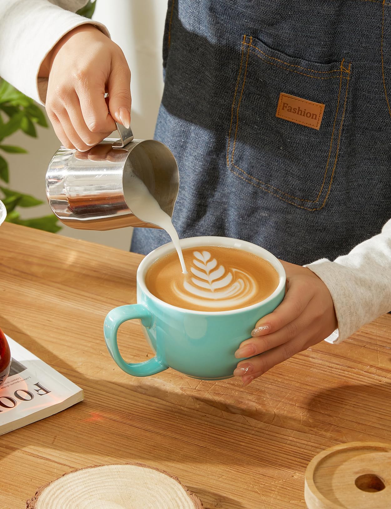 Teocera Turquoise Coffee Mugs Set of 4 - 16oz Ceramic Mugs for Hot & Cold Drinks - Durable Porcelain Coffee Cups for Latte, Cocoa, Milk & Tea - Modern Design Coffee Mug Set - Perfect for Home, Office & Cafe Use