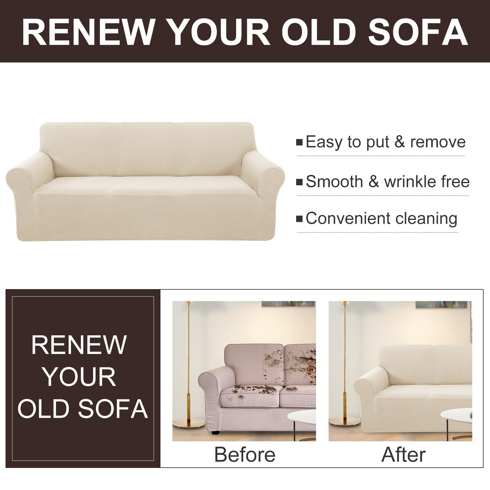 U-NICE HOME Stretch Couch Cover - Sofa Slipcover for 4 Cushion Couch, Furniture Protector, Pet Friendly, Oversized Sofa Cover in Beige - Perfect for Living Room, Family Room & Pet Owners
