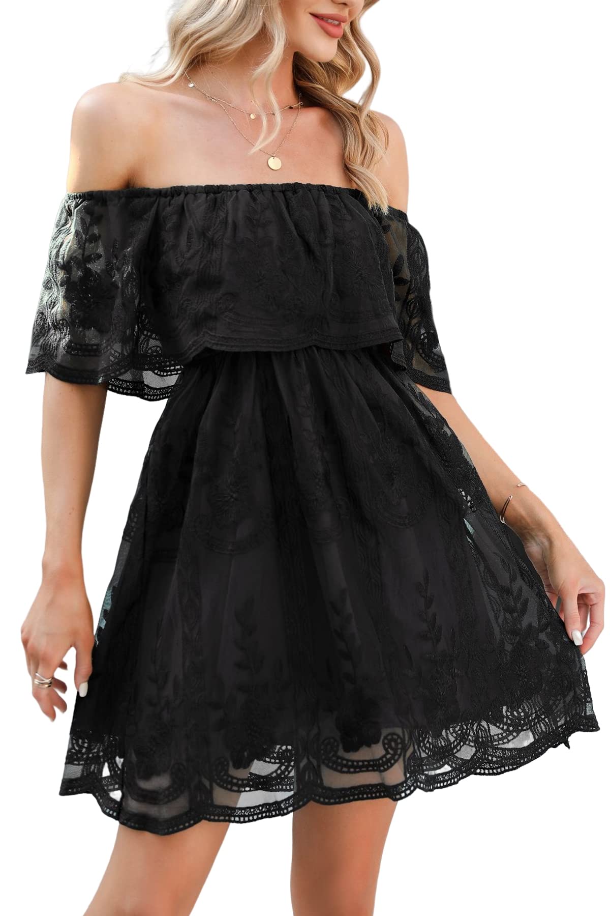 HOYISHION Women's Floral Embroidered Lace Mini Dress - V-Neck Short Cocktail Party Dress for Wedding Guest, Bridesmaid, Date Night & Summer Outings