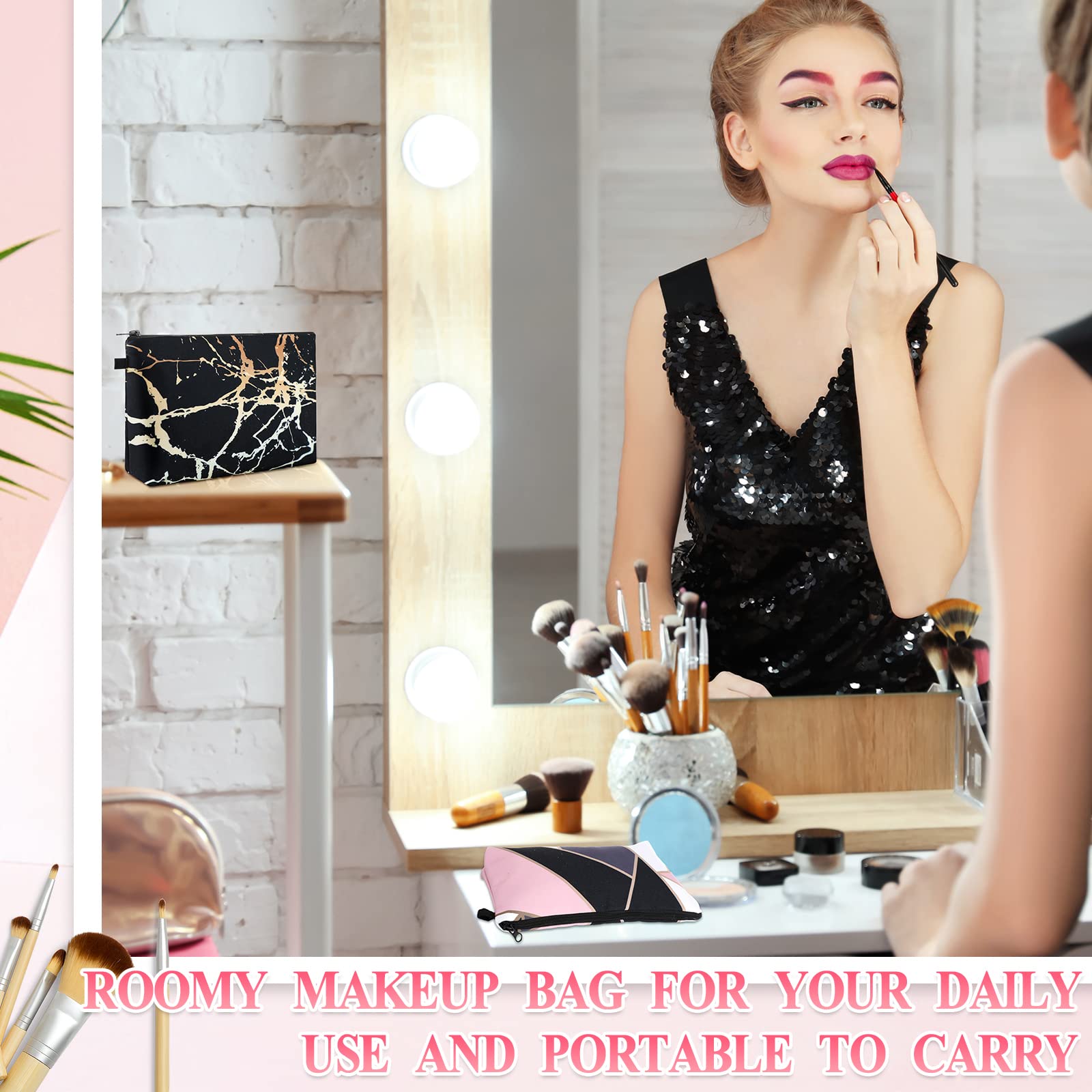 12-Piece Waterproof Printed Makeup Bags Set with Zipper - Large Roomy Cosmetic Organizer Pouches for Women (Marble Style) | Perfect for Travel, Gym & Daily Beauty Storage