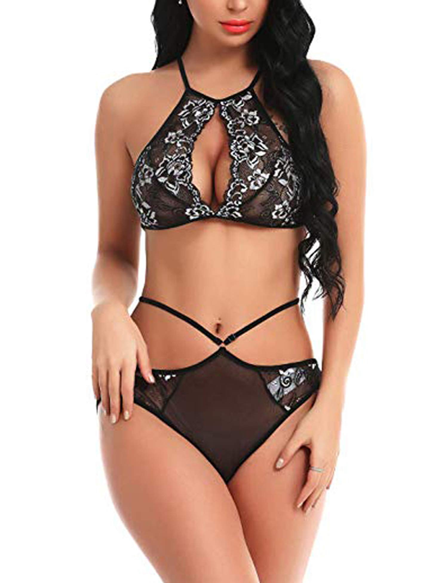 ADORELIFE Women's V-Neck Lace Floral Lingerie Set with G-String - Mesh Babydoll Chemise Open Front Sleepwear Nightgown for Romantic Nights & Boudoir Photography
