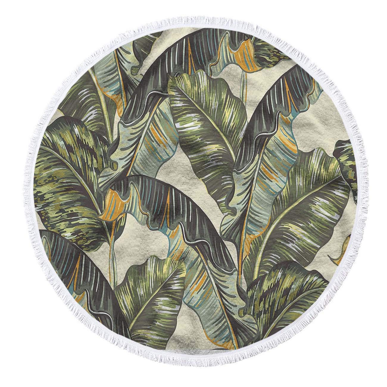 HOSNYE Tropical Palm Leaves Round Beach Towel - 63 Inch Microfiber Blanket with Tassels, Banana Jungle Leaf Seamless Floral Pattern for Women | Perfect for Beach, Pool, Picnic, Yoga, and Summer Outdoor Activities