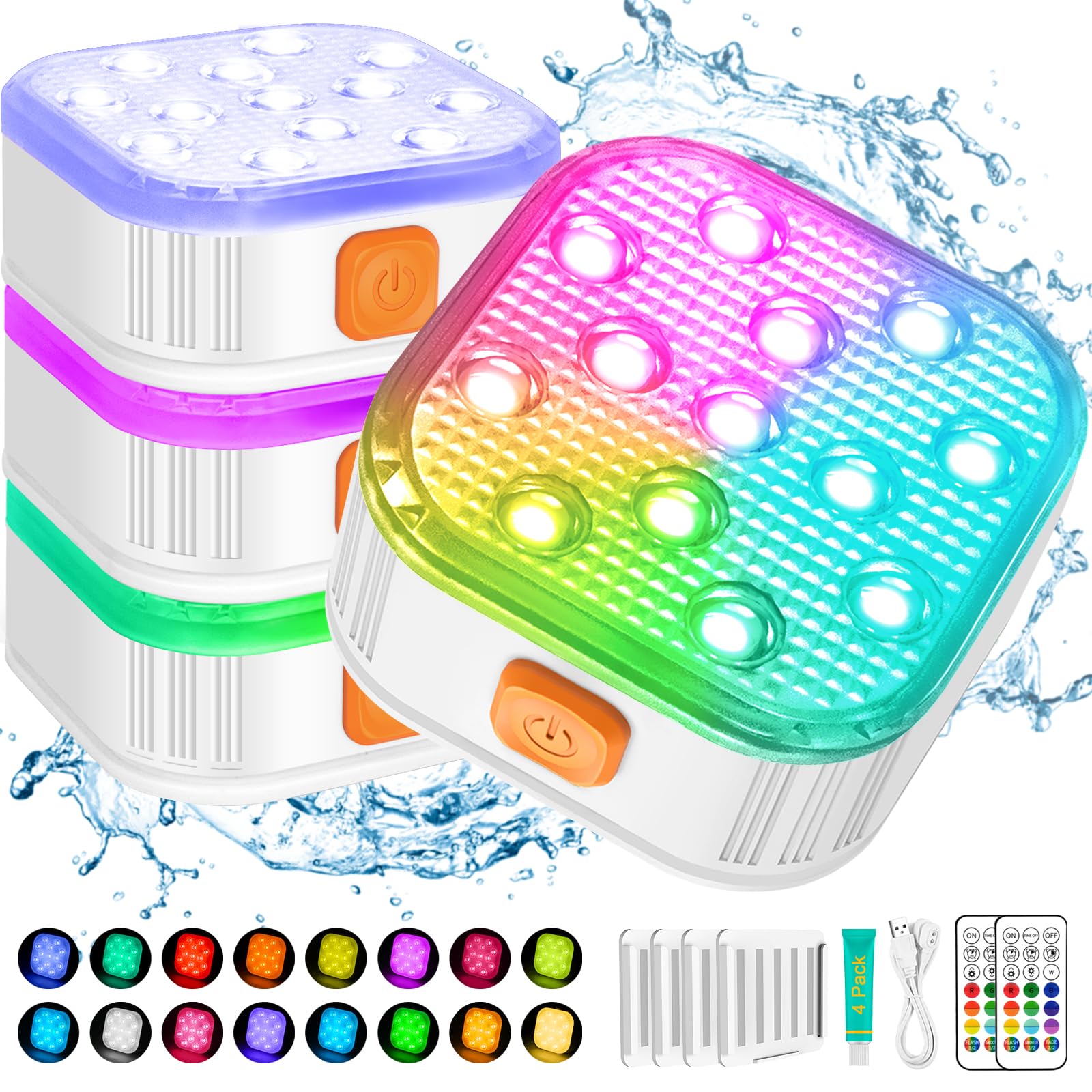 16 Color RGB Submersible LED Pool Lights with Remote - Waterproof Underwater Lights for Above Ground & Inground Pools, Hot Tubs, Fountains - Rechargeable 2600mAh Battery IP68 Rated (4 Pack) - Perfect for Night Swimming, Backyard Parties & Spa Relaxation