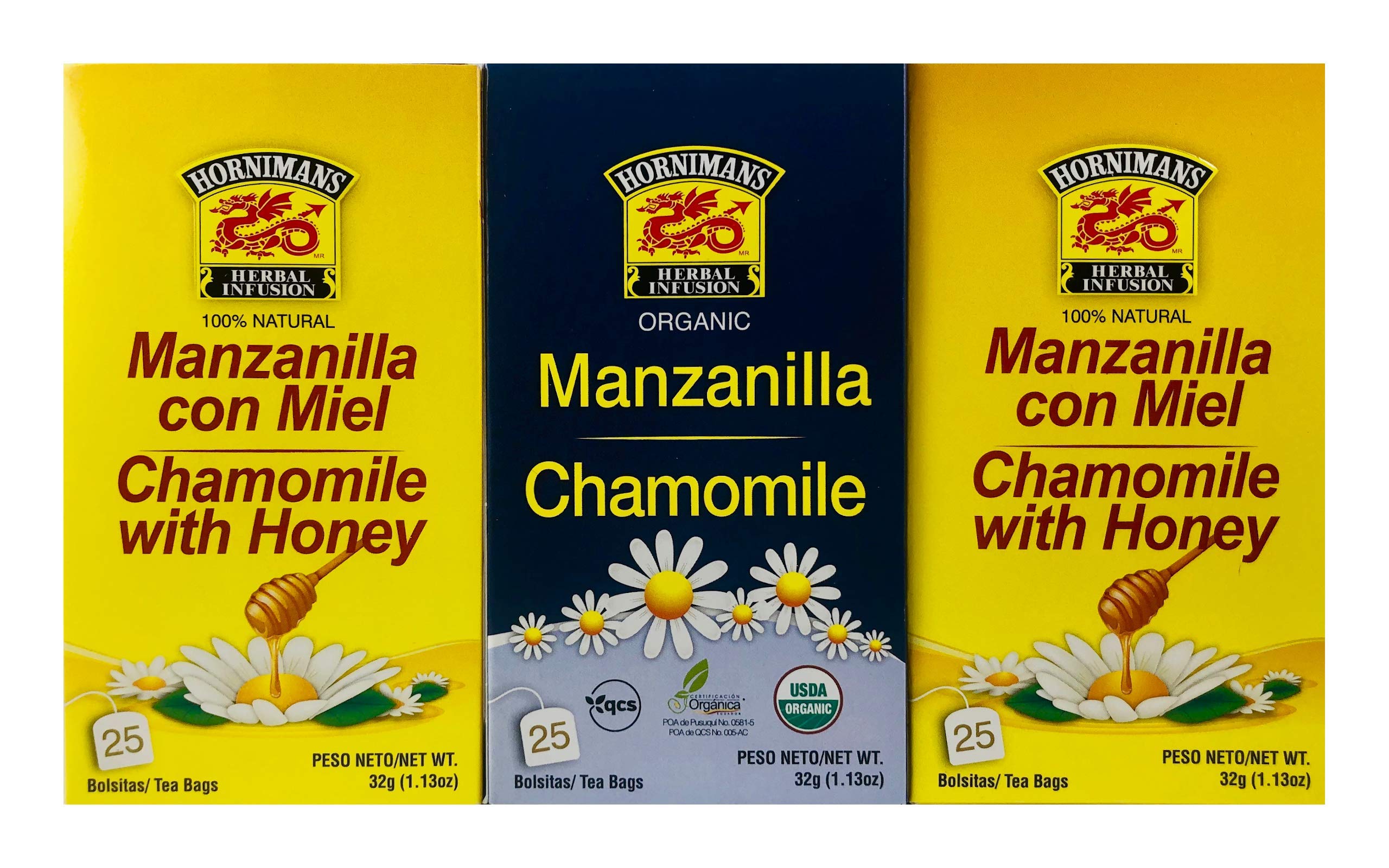 Hornimans Manzanilla Con Miel Chamomile Tea with Honey (50 Bags) & Pure Manzanilla Herbal Tea (25 Bags) - 75 Total Tea Bags - Relaxing & Digestive Aid for Stress Relief & Better Sleep