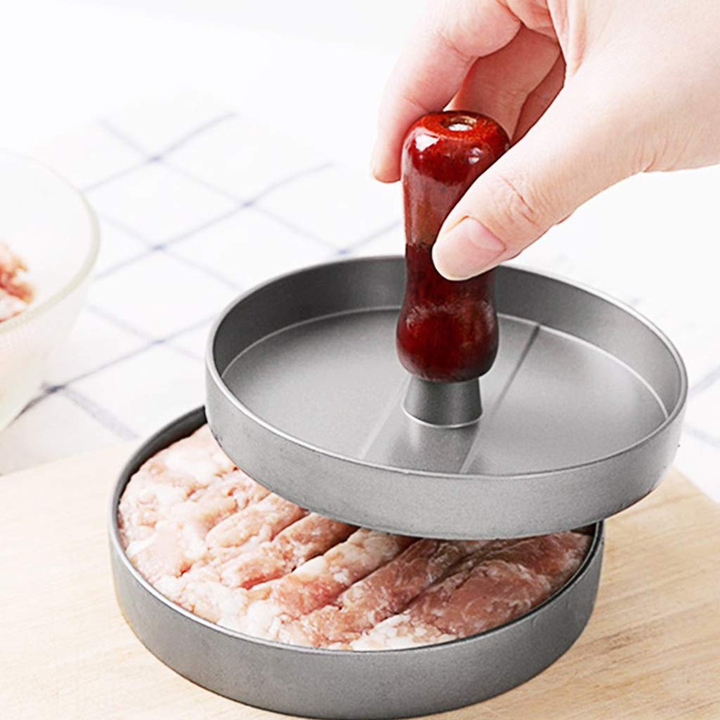 2-Pack Non-Stick Hamburger Press - Aluminum Alloy Patty Maker Mold with Wooden Handle for Perfect Homemade Burgers - Ideal for BBQ, Kitchen, and Outdoor Cooking