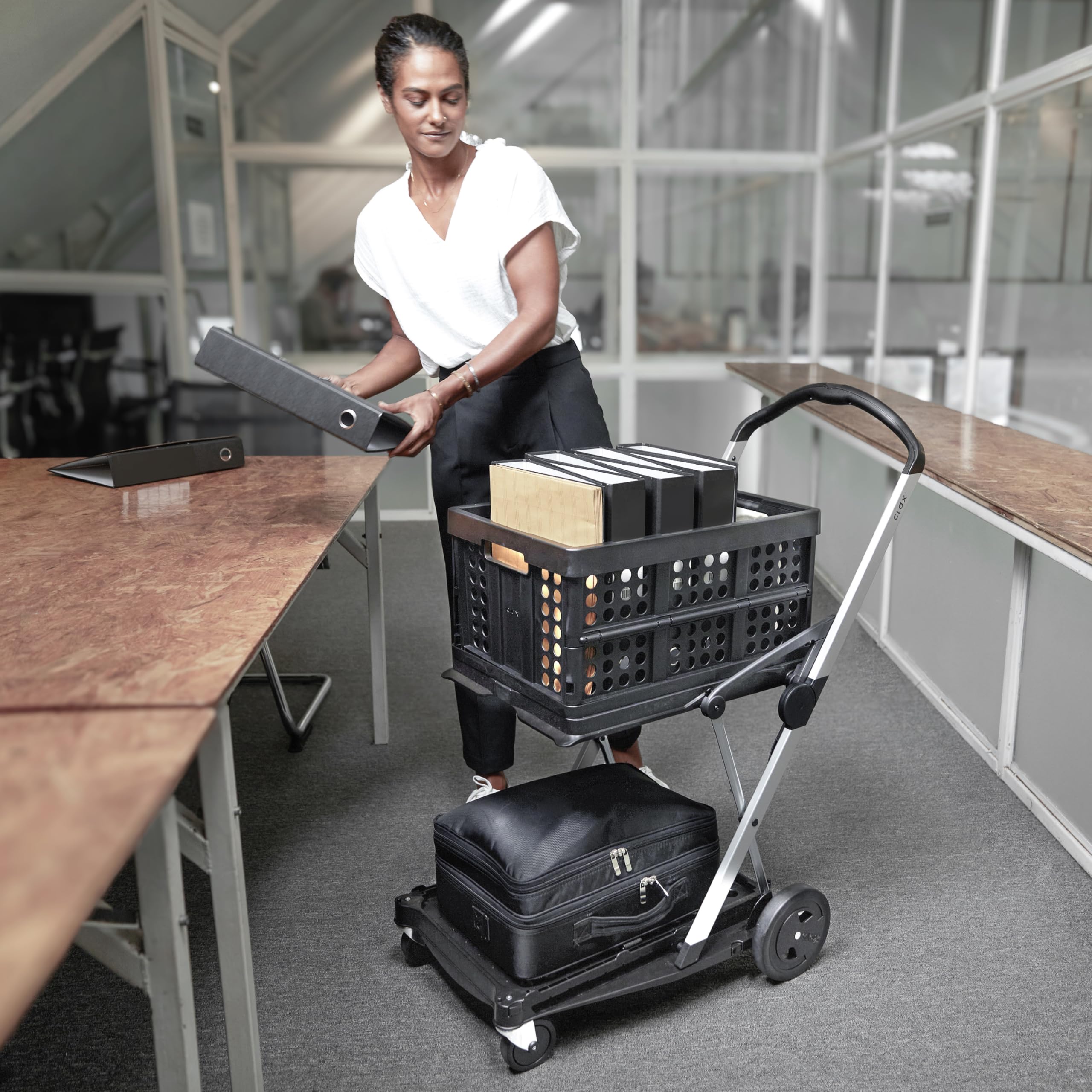 CLAX® The Original German-Made Multi-Use Collapsible Utility Cart - Foldable Mobile Trolley with 2 Storage Bins for Shopping, Storage & Transport (Black) | Perfect for Groceries, Warehouse, Camping & Home Organization