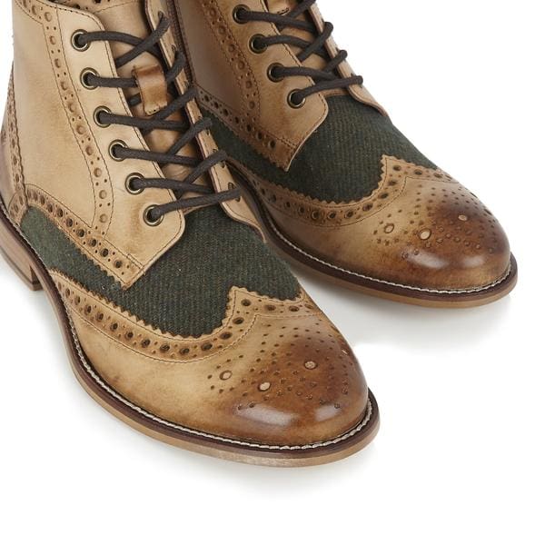 London Brogues Gatsby Boot Tan/Green Tweed Men's Boots - Stylish Vintage Leather Dress Shoes for Formal Occasions & Business Events