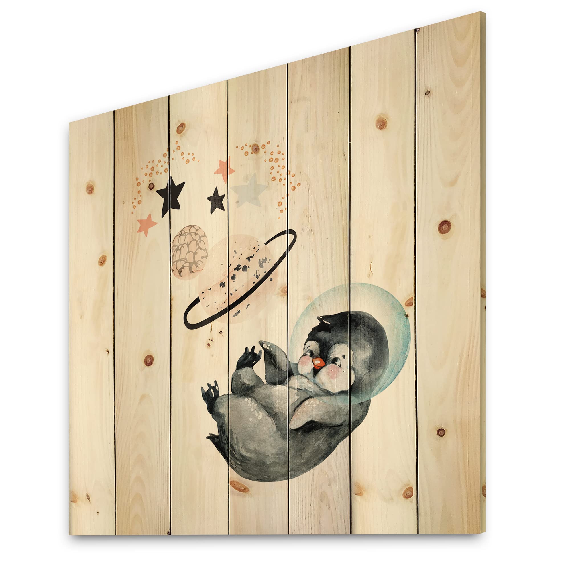 Farmhouse Wood Wall Decor - Little Penguin with Stars & Planets, Grey Wood Wall Art, Large Animal Wood Panels Printed on Natural Pine - Perfect for Nursery, Kids Room & Living Room Decor