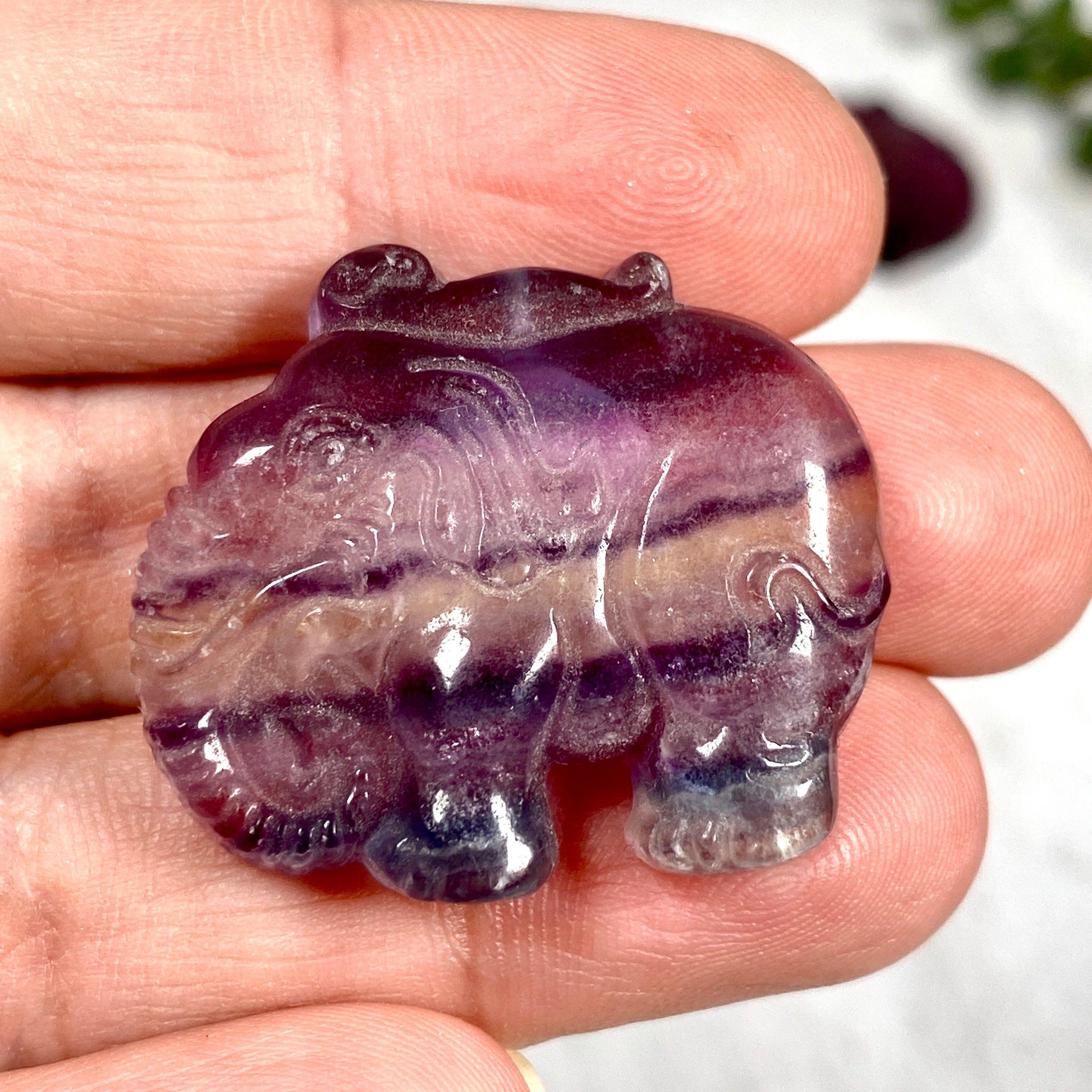 Fluorite Elephant FLE 01 - Hand Carved Natural Stone Elephant Statue for Home Decor, Meditation & Feng Shui | Perfect for Office Desk, Living Room & Gift Giving