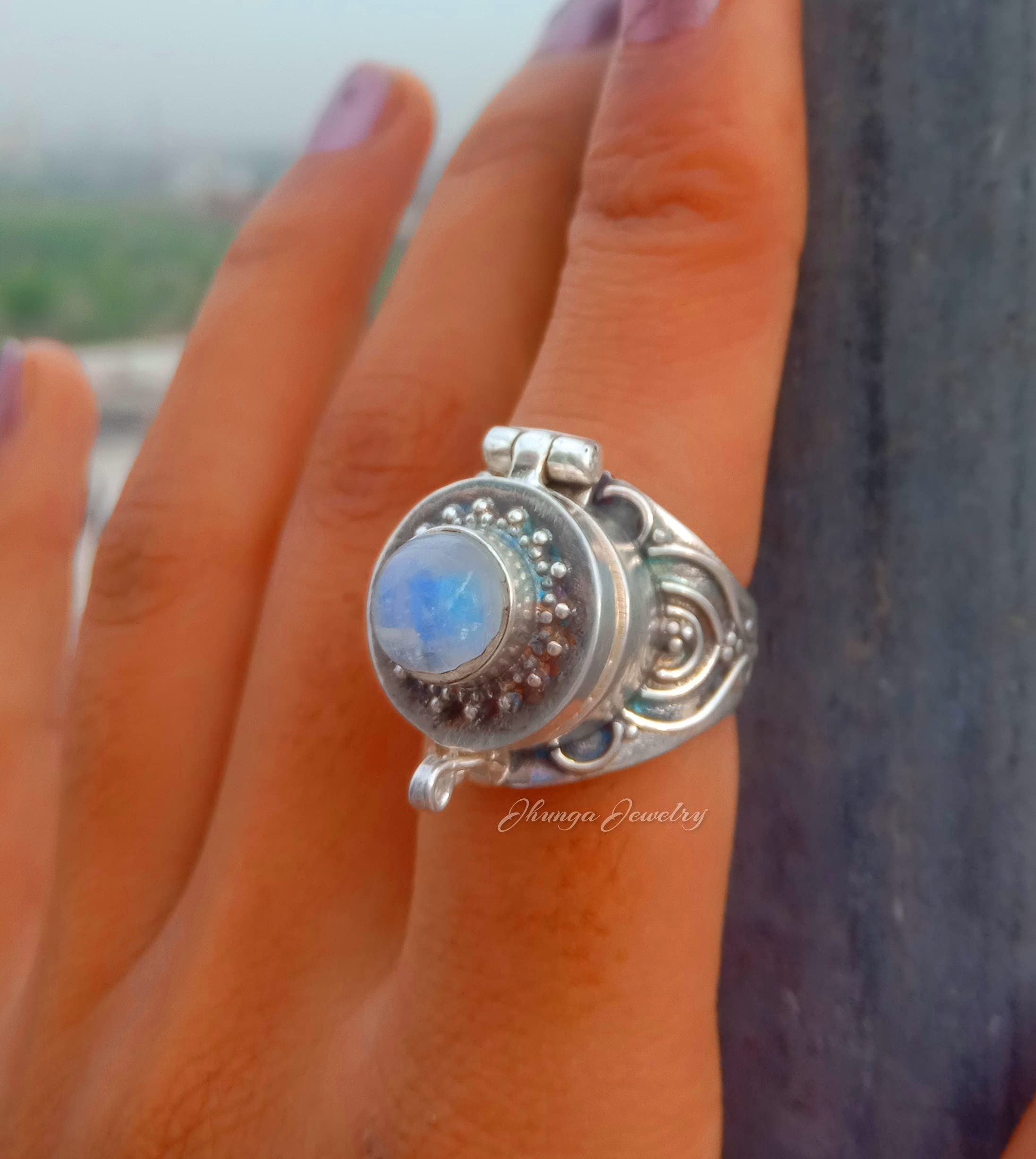 Handmade 925 Sterling Silver Rainbow Moonstone Poison Ring - Secret Box Ring with Openable Compartment for Pills, Medicine & Keepsakes | Perfect for Gothic Fashion, Cosplay & Unique Jewelry Gifts