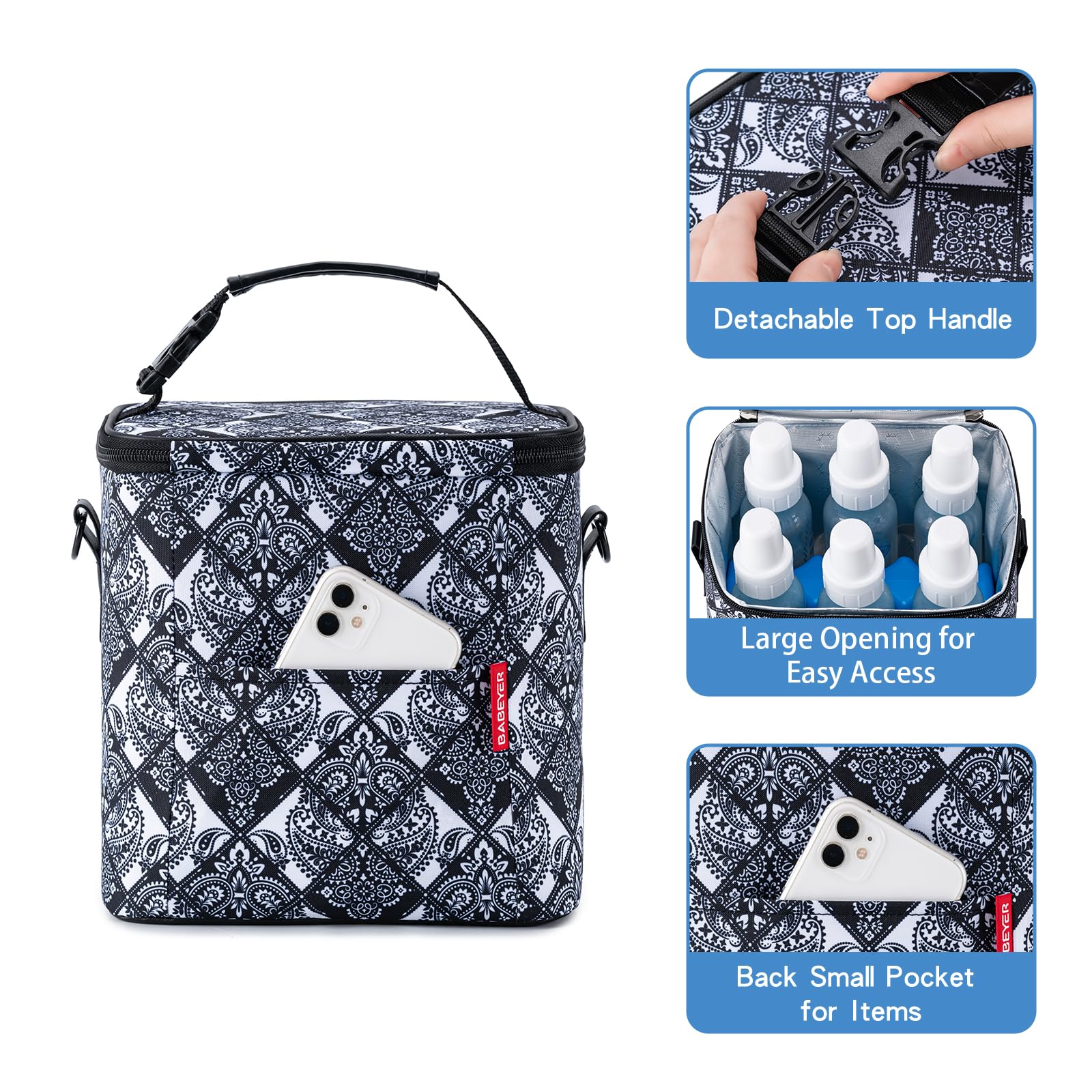 Insulated Breastmilk Cooler Bag with Ice Pack - Holds 6 Baby Bottles (9oz Each) - Adjustable Shoulder Strap for Nursing Moms - Perfect for Daycare, Work & Travel - Black