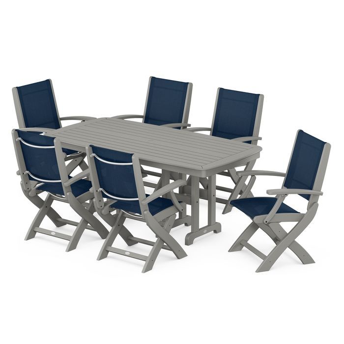 POLYWOOD Coastal Folding Arm Chair 7-Piece Outdoor Dining Set - Perfect for Patio, Deck, Poolside & Beachfront Entertaining