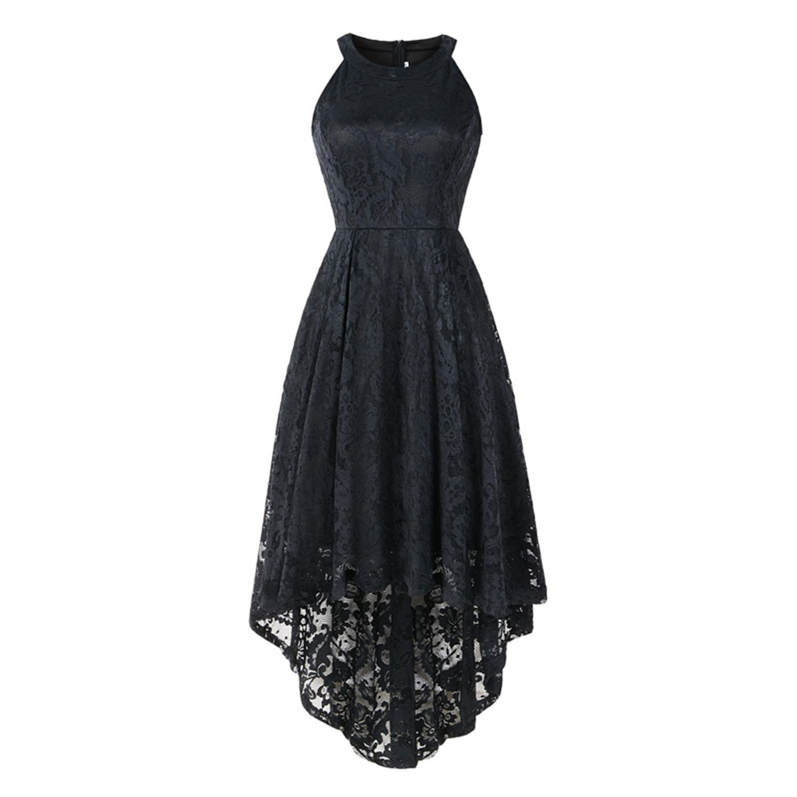 Vintage Lace Halter Dress for Women - Elegant Sleeveless Midi Evening Dress with O-Neck & Zipper, Irregular Hem    Perfect for Cocktail Parties, Date Nights, Weddings, and Special Occasions