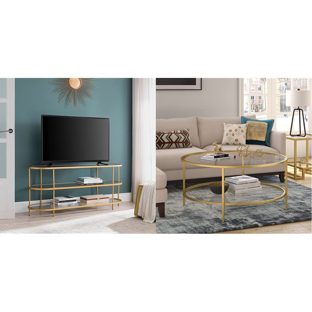 Leif Oval TV Stand for TVs up to 60 Inches & Wide Round Coffee Table with Glass Top - Brass Modern Living Room Furniture Set for Home Theater & Entertainment Spaces