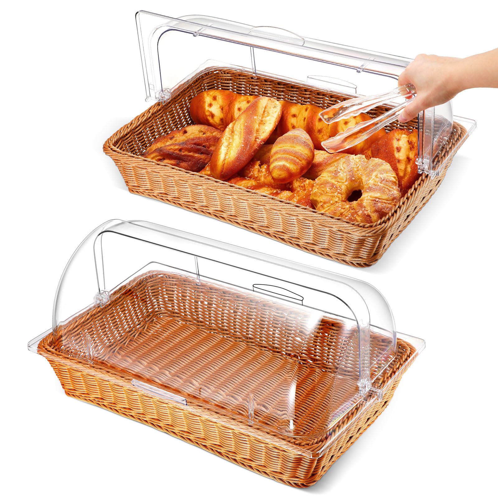 2-Pack Wicker Bread Baskets with Acrylic Lids & Serving Tongs - 21.06