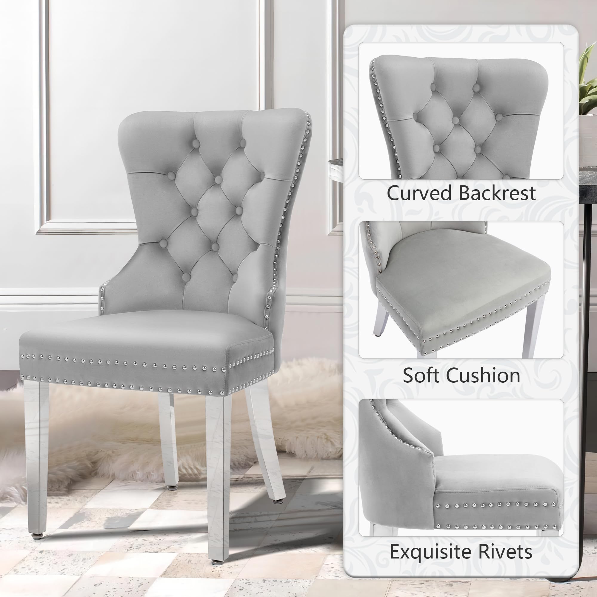 Luxury Velvet Dining Chairs Set of 2 - Tufted Upholstered Modern Dining Room Chairs with Stainless Steel Legs & Ring Pull, Grey - Perfect for Home Dining, Kitchen, Restaurant & Office Decor
