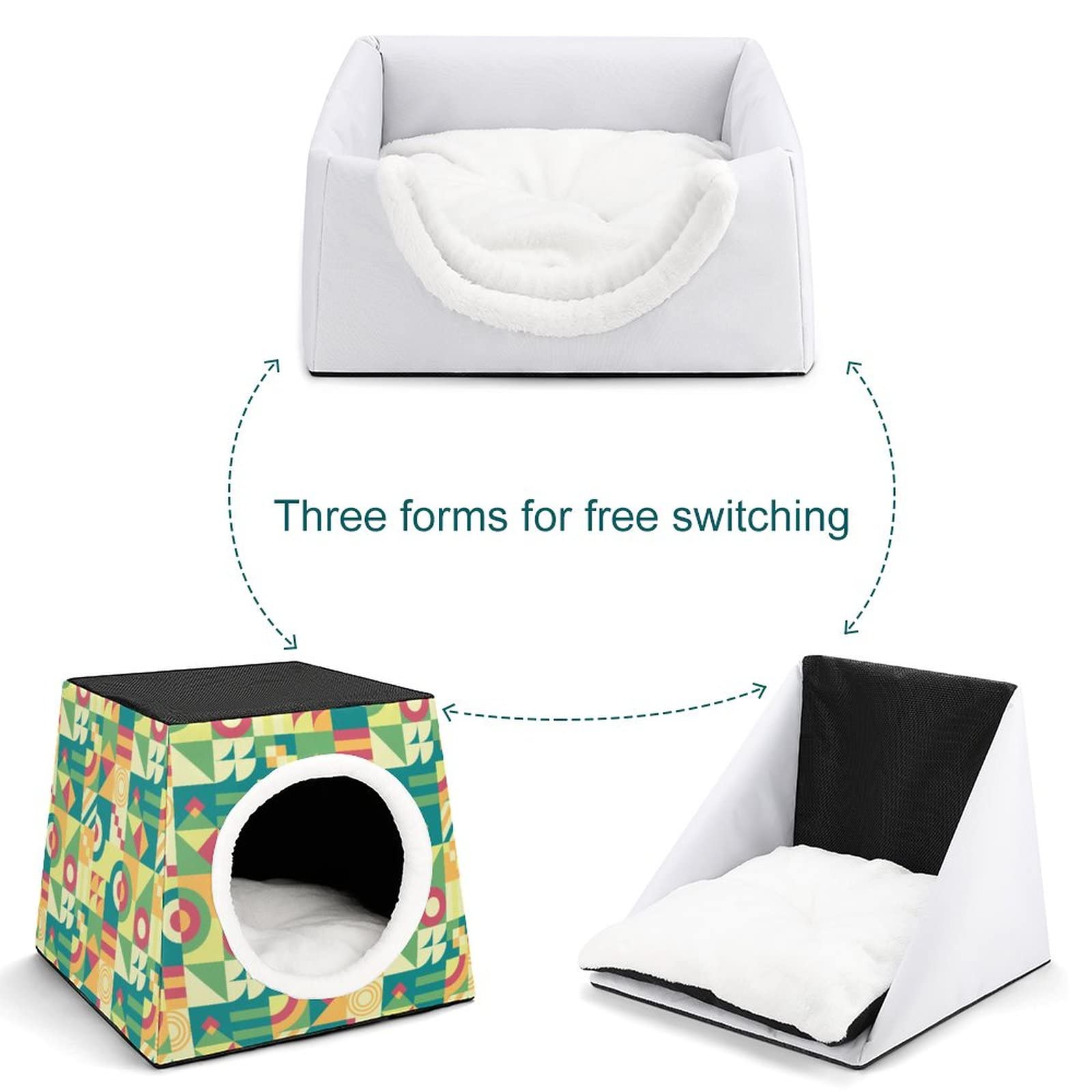Printed Cat Houses & Condos - Foldable Cat Cube Bed with Removable Pillow, Green Abstract Puzzle Design - Cozy Pet Furniture for Indoor Cats, Perfect for Living Room, Bedroom or Office
