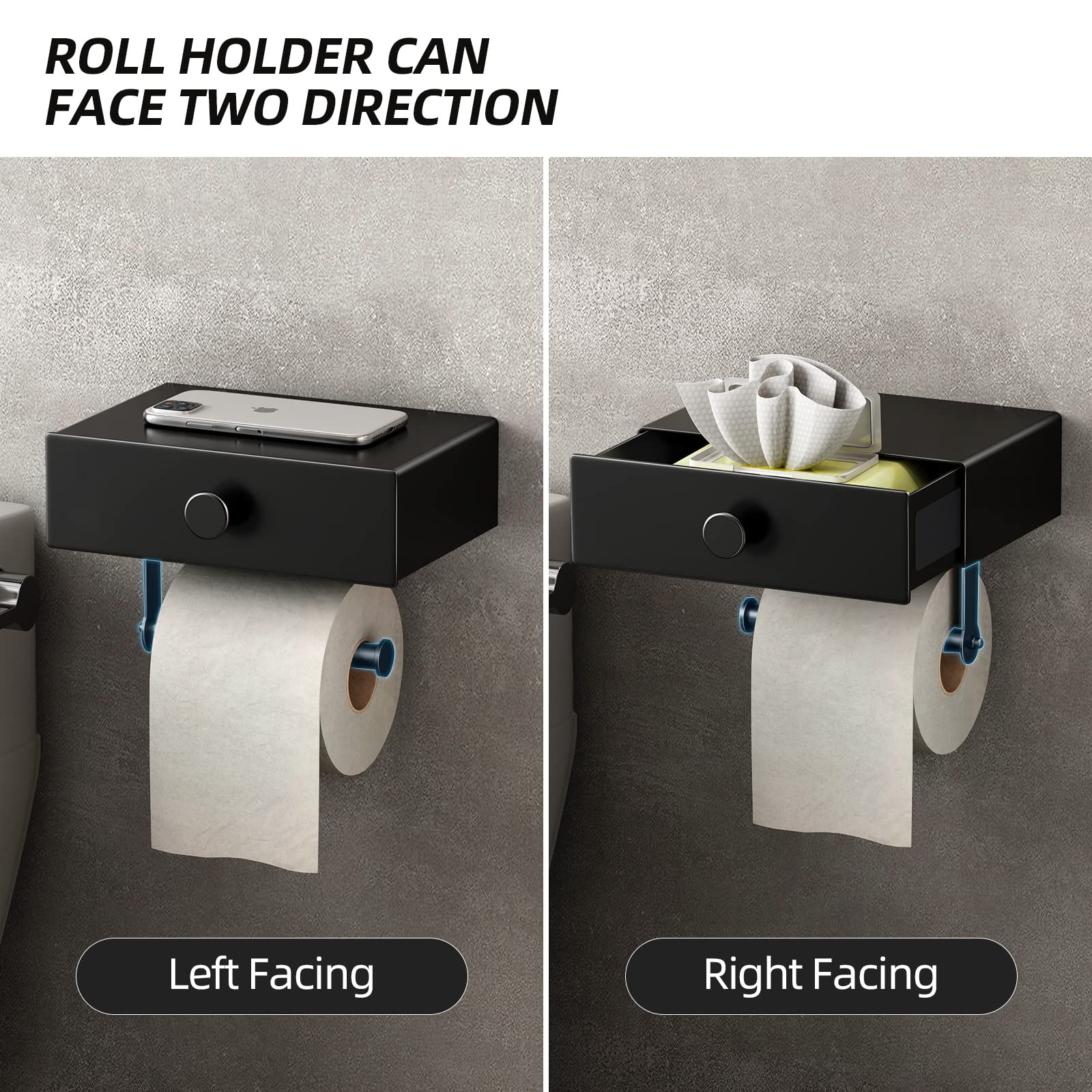 VOLDRA Black Wall Mount Toilet Paper Holder with Shelf & Wipes Dispenser - Space Saving Bathroom Storage Organizer with Upgrade Drawer Design, Adhesive Mount for Small Bathrooms (Perfect for Compact Bathrooms, RVs & Apartments)