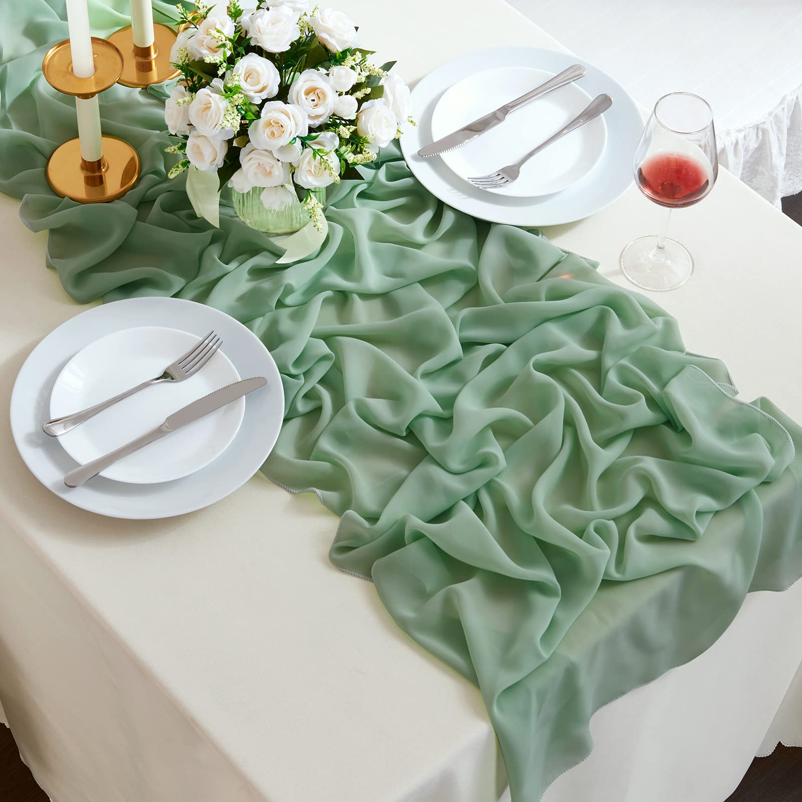 5 Pack Sage Green Chiffon Table Runner 10Ft (29x120 Inches) - Sheer Romantic Tulle Wedding Table Decor for Bridal Shower, Baby Shower, Birthday Party & Cake Table Decoration - Elegant Event & Home Decor