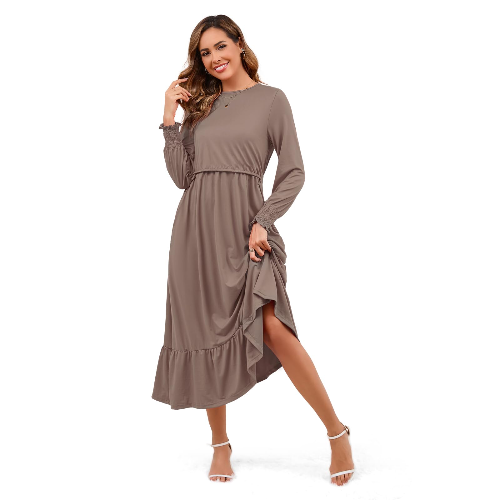 Maternity Nursing Dress for Women - Long Sleeve Crewneck Breastfeeding Dress with Pockets | Comfortable & Flowy Tiered Design for Nursing Moms | Perfect for Work, Outings & Everyday Wear