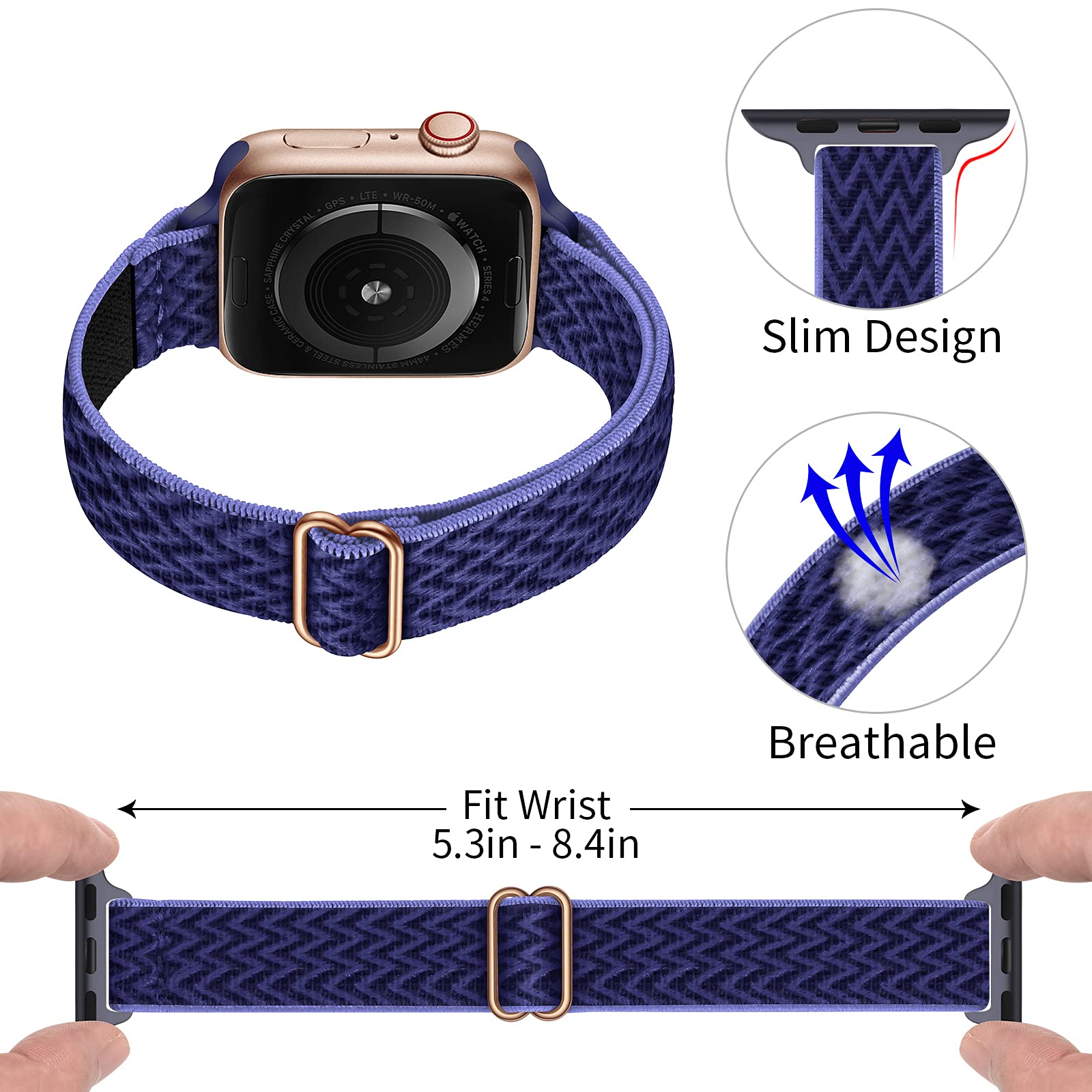 SICCIDEN Slim Stretchy Nylon Apple Watch Band Compatible with iWatch Ultra 2/1, SE & Series 10-1 (46mm/49mm/45mm/44mm/42mm) - Women's Elastic Thin Strap in Midnight Blue & Rose Gold - Perfect for Workouts, Running & Everyday Wear