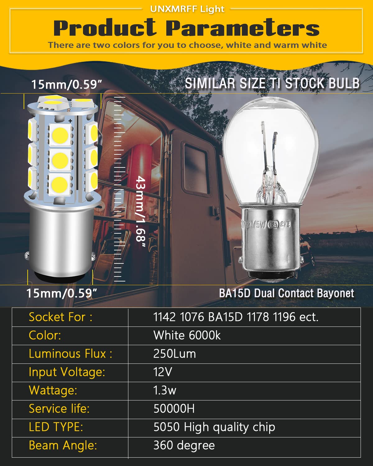 UNXMRFF Super Bright 1142 BA15D LED Bulbs - 1178 LED 5050 18-SMD White 1076 Bulb Replacement for 12V RV, Travel Trailer, Boat & Camper Interior Lights (Pack of 10) - Perfect for Ceiling Dome Lighting, Nighttime Visibility & Energy-Efficient Illumination