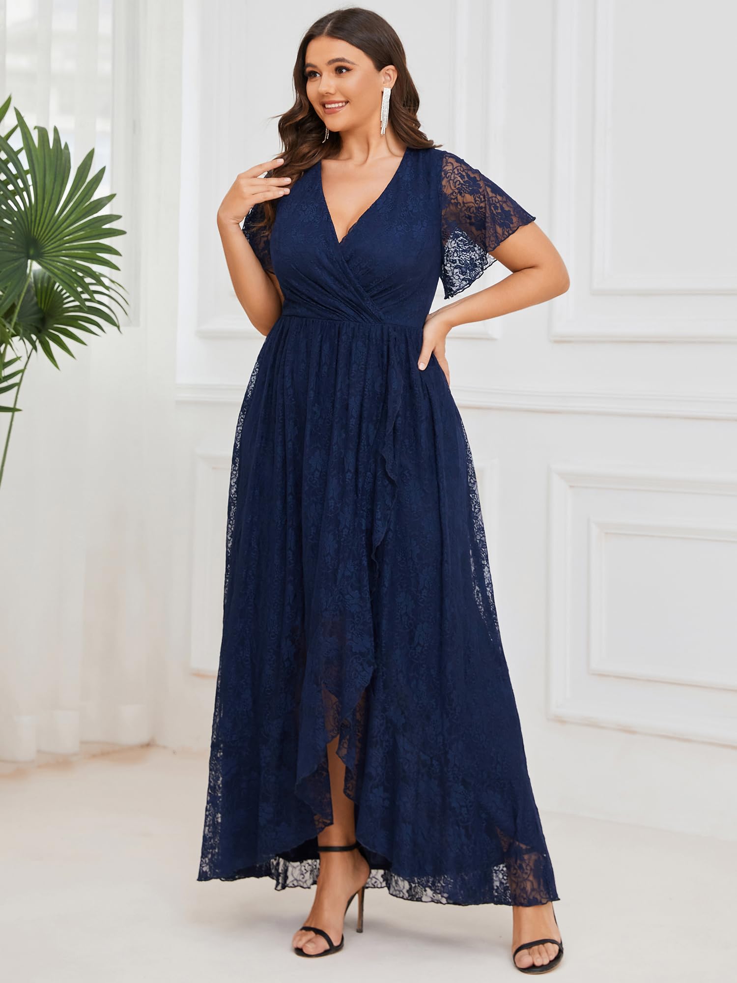 Ever-Pretty Women's Plus Size V-Neck Ruffled Sleeve Lace High-Low Cocktail Dress for Wedding Guest & Summer Parties | Elegant Formal Occasion Wear